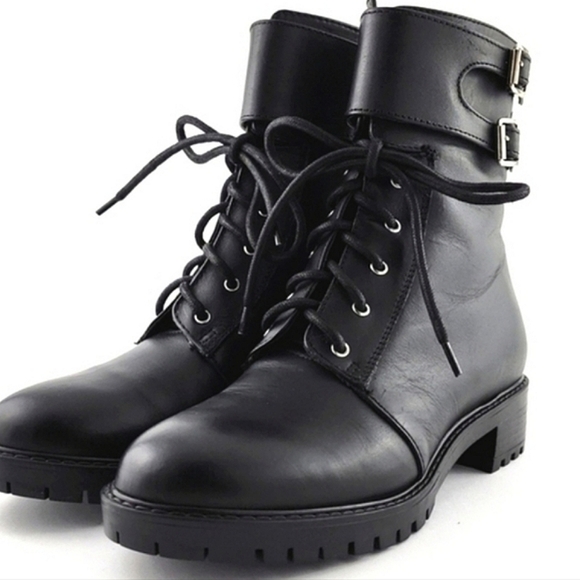 NWT Italian Shoemakers Black Leather Lace-Up Combat Short Boot Strap Buckle Sz 6 - Picture 4 of 15
